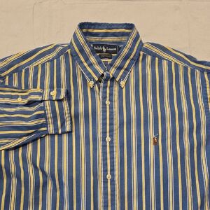 Ralph Lauren Blue Yellow Stripe Men's Yarmouth Dress Shirt‎ 16.5/33